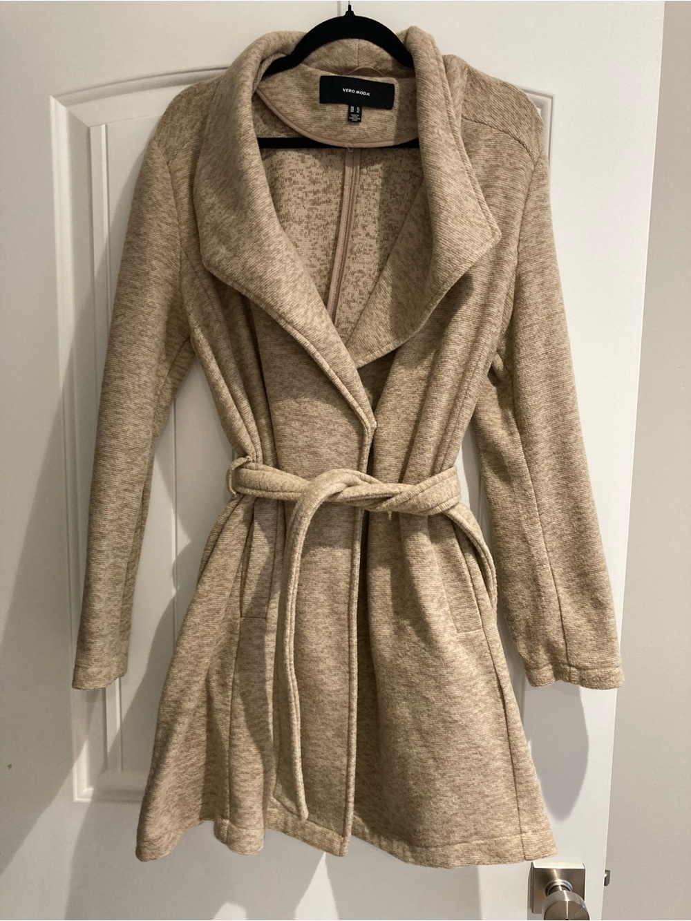 Vero Moda Belted Sweater Coat XL Oatmeal Open Front Knit Jacket